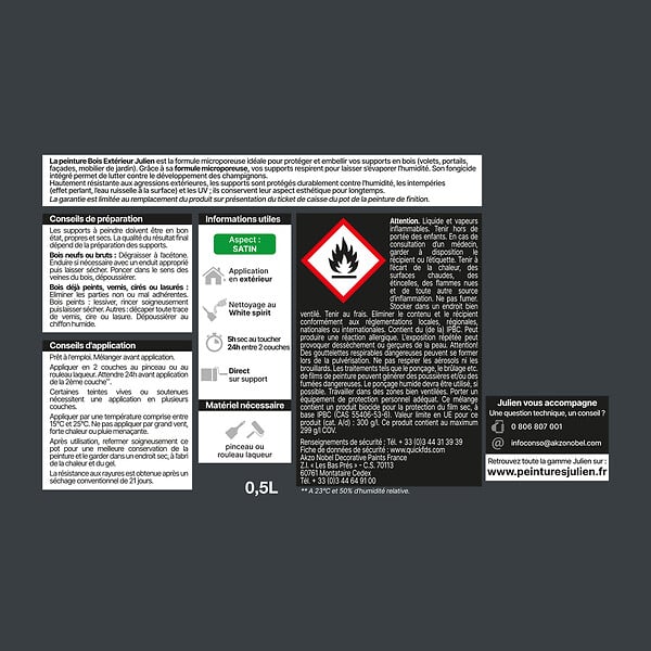 JULIEN - Peinture Extérieure Bois Microporeux Julien Satin-Gris Anthracite 0.5L - large