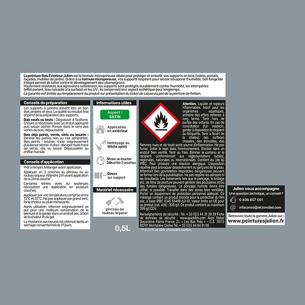 JULIEN - Peinture Extérieure Bois Microporeux Julien Satin - Gris Argent 0.5L - large