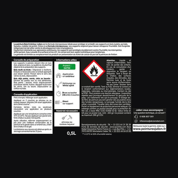 JULIEN - Peinture Extérieure Bois Microporeux Julien Satin - Noir 0.5L - large