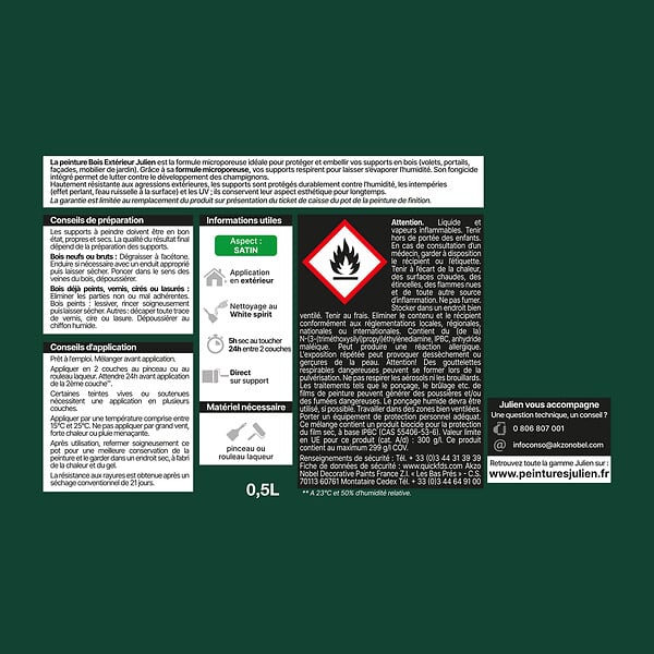 JULIEN - Peinture bois extérieur microporeux satin - Vert Basque 0,5L - large
