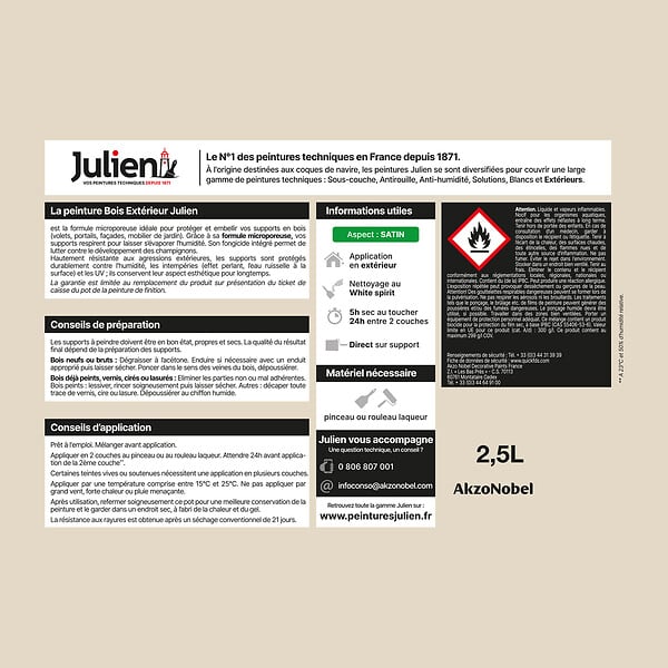 JULIEN - Peinture extérieure bois microporeuse Satin - Blanc Perle 2.5L - large