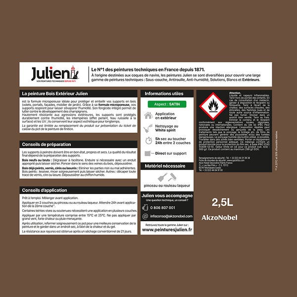 JULIEN - Peinture Extérieure Bois Microporeux Julien Satin -Brun Normandie 2.5L - large