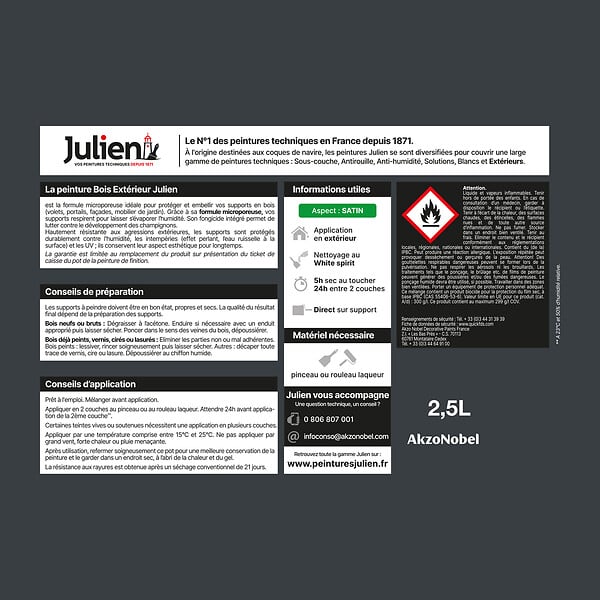 JULIEN - Peinture Extérieure Bois Microporeux Julien Satin-Gris Anthracite 2.5L - large