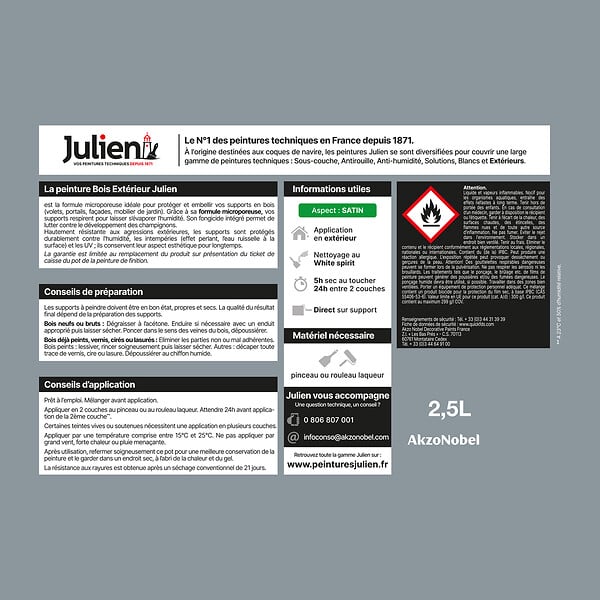 JULIEN - Peinture Extérieure Bois Microporeux Julien Satin - Gris Argent 2.5L - large