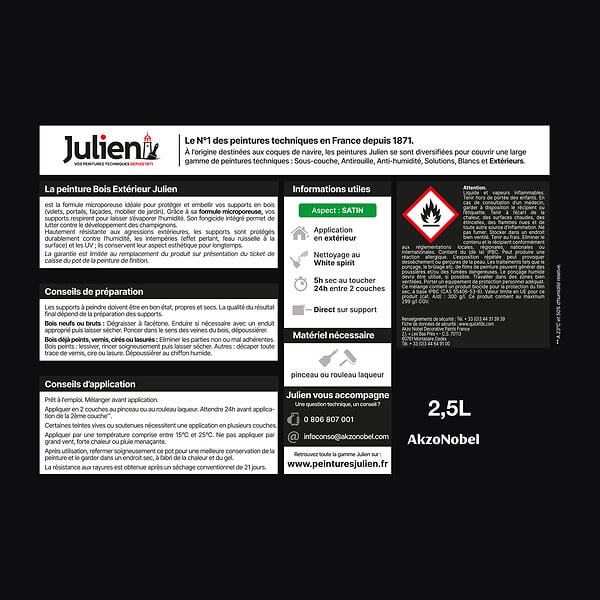 JULIEN - Peinture Extérieure Bois Microporeux Julien Satin - Noir 2.5L - large