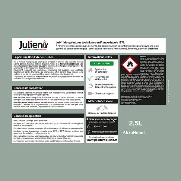 JULIEN - Peinture Extérieure Bois Microporeux Julien Satin - Vert Provence 2.5L - large