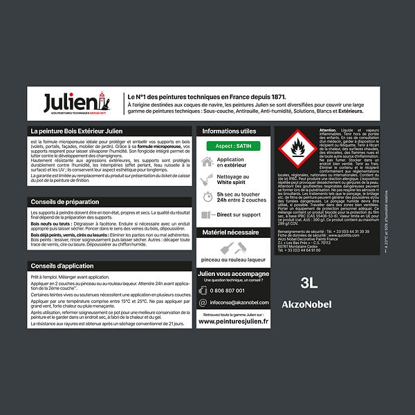 JULIEN - Peinture extérieure bois microporeuse - Satin - Gris Anthracite 3L - large