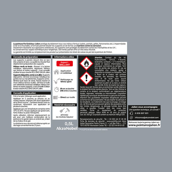 JULIEN - Peinture antirouille métaux ferreux - Gris Acier - 0,5L - large