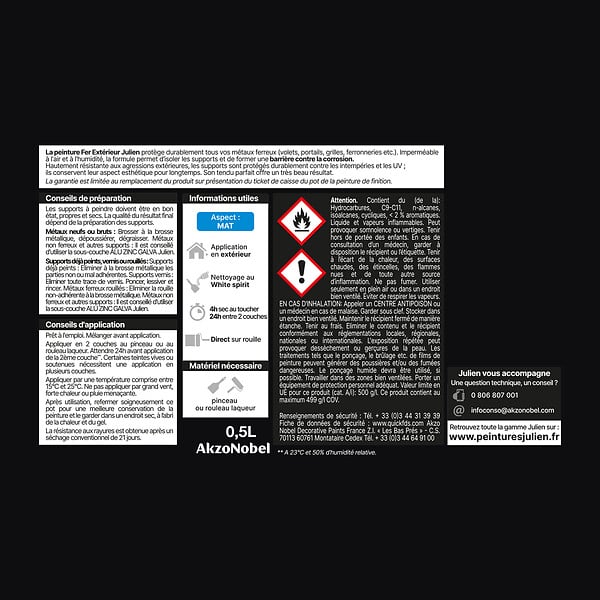 JULIEN - Peinture antirouille pour métaux ferreux - Noir - 0.5L - large