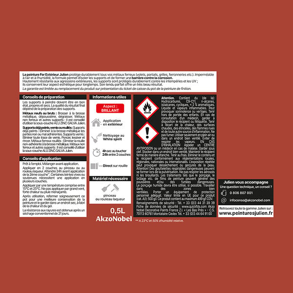 JULIEN - Peinture antirouille fer - Rouge agricole - 0,5L - large