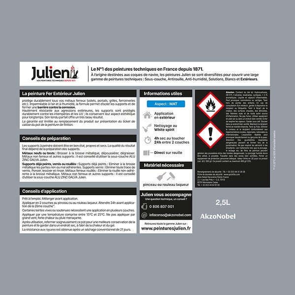 JULIEN - Peinture antirouille extérieure - Fer acier - Gris Acier 2L - large