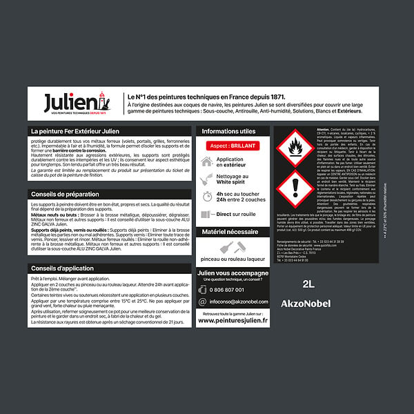 JULIEN - Peinture Extérieure Fer Antirouille Julien Brillant-Gris Anthracite 2L - large