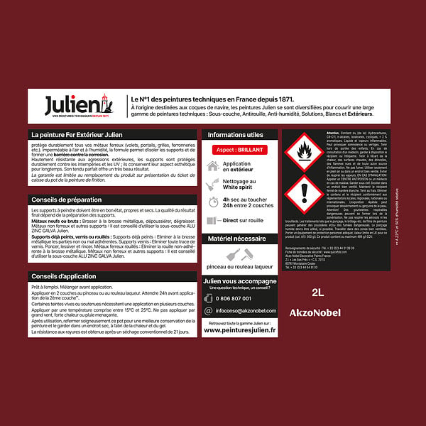 JULIEN - Peinture Extérieure Fer Antirouille Julien Brillant - Rouge Basque 2L - large