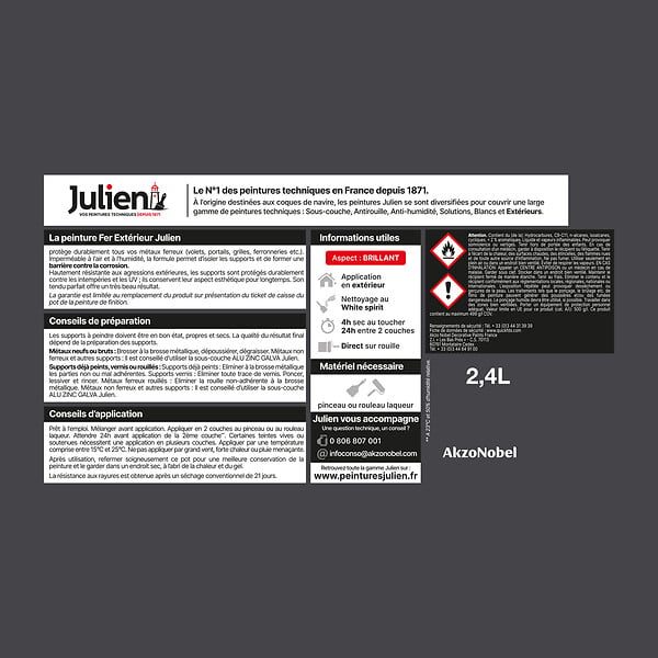 JULIEN - Peinture Extérieure Fer Antirouille Julien Brillant - Noir 2L+20% - large