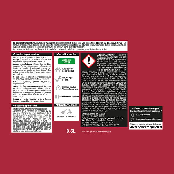 JULIEN - Peinture Extérieure Multi-Materiaux Julien Satin - Framboise 0.5L - large