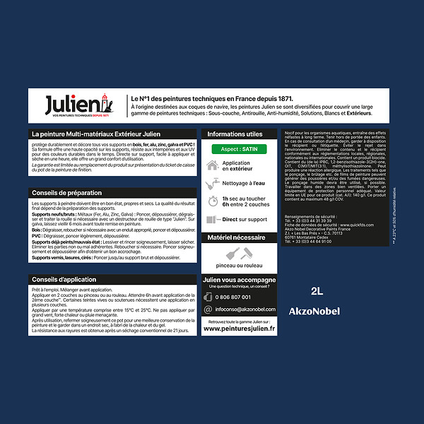 JULIEN - Peinture Extérieure Multi-Materiaux Julien Satin - Bleu Cobalt 2L - large