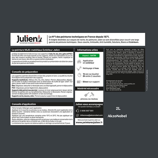 JULIEN - Peinture Extérieure Multi-Materiaux Julien Satin -Gris Anthraracite 2L - large