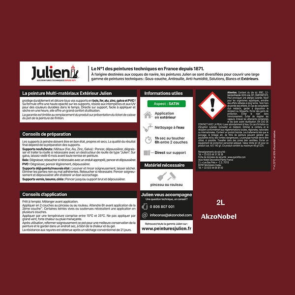 JULIEN - Peinture extérieure multi-matériaux Satin - Rouge Basque 2L - large