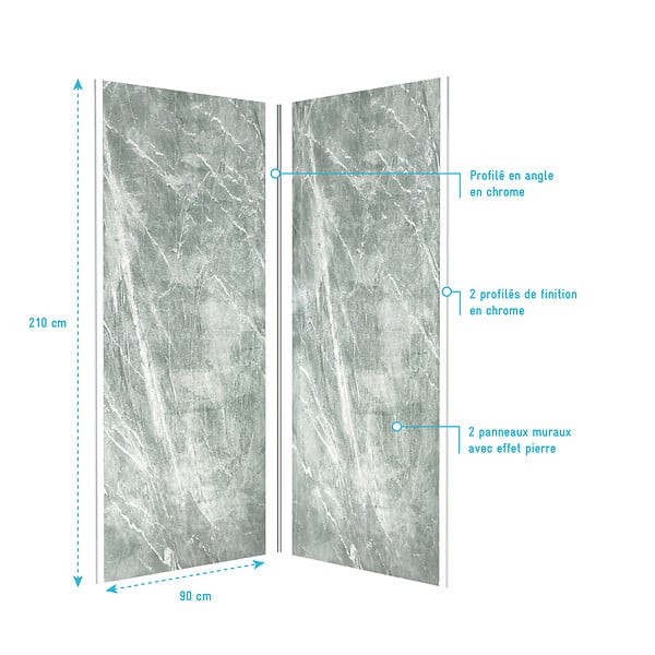 AURLANE - Pack de 2 Panneaux Muraux Pierre Artic Green 90+90x210 cm avec Profilés ANODISE BRILLANT - STONE'IT - large