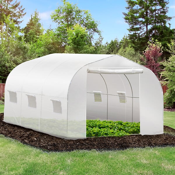 OUTSUNNY - Serre tunnel de jardin dim. 3,5L x 3l x 2H m porte + 6 fenêtres enroulables acier galvanisé bâche PE haute densité blanc - large