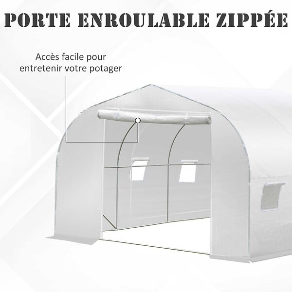 OUTSUNNY - Serre tunnel de jardin dim. 3,5L x 3l x 2H m porte + 6 fenêtres enroulables acier galvanisé bâche PE haute densité blanc - large