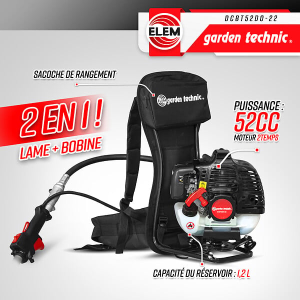 ELEM GARDEN TECHNIC - Débroussailleuse thermique dorsale 52CC - Lame + fils - Elem garden - large