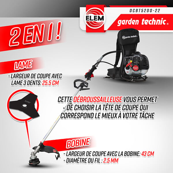 ELEM GARDEN TECHNIC - Débroussailleuse thermique dorsale 52CC - Lame + fils - Elem garden - large
