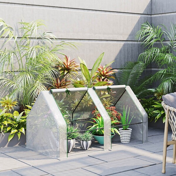 OUTSUNNY - Mini serre de jardin serre à tomates 180L x 90l x 90H cm acier PE haute densité 140 g/m² anti-UV 2 fenêtres avec zip enroulables blanc - large