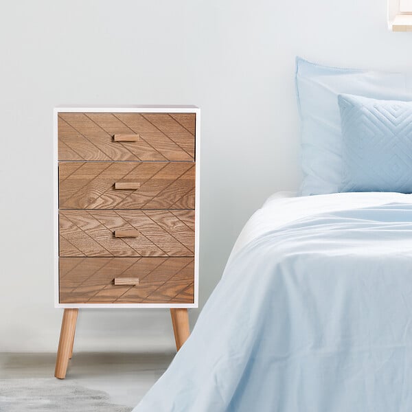 HOMCOM - Meuble de rangement chiffonnier design scandinave 40L x 30l x 75H cm 4 tiroirs bois massif pin MDF blanc et hêtre motif graphique - large