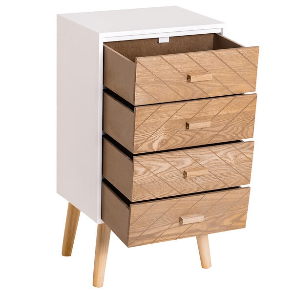 HOMCOM - Meuble de rangement chiffonnier design scandinave 40L x 30l x 75H cm 4 tiroirs bois massif pin MDF blanc et hêtre motif graphique - large