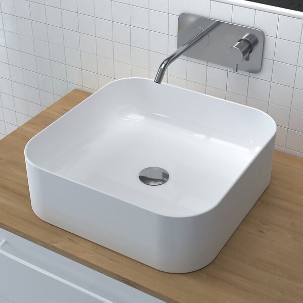 AURLANE - Vasque carrée blanche en céramique à poser - 40x40x13.5cm - POP SQUARE ROUNDED - large