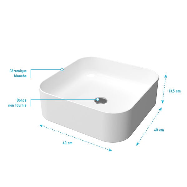 AURLANE - Vasque carrée blanche en céramique à poser - 40x40x13.5cm - POP SQUARE ROUNDED - large