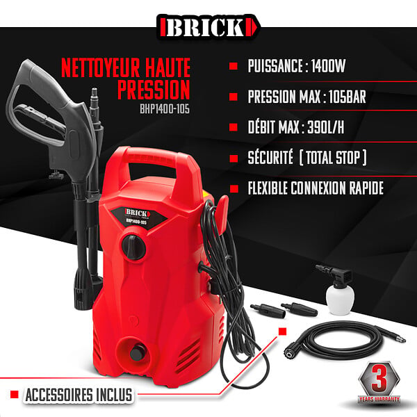 BRICK - Nettoyeur haute pression 1400W - 105 bars - Buse turbo et buse rotative - large