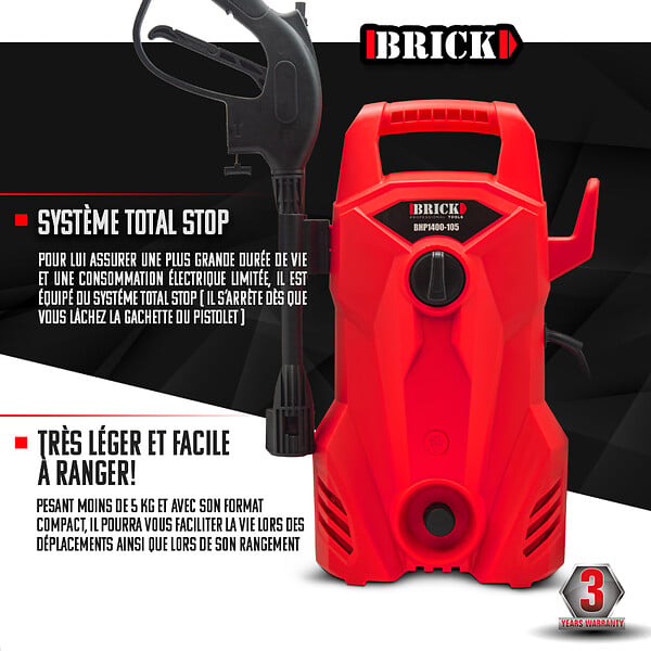 BRICK - Nettoyeur haute pression 1400W - 105 bars - Buse turbo et buse rotative - large
