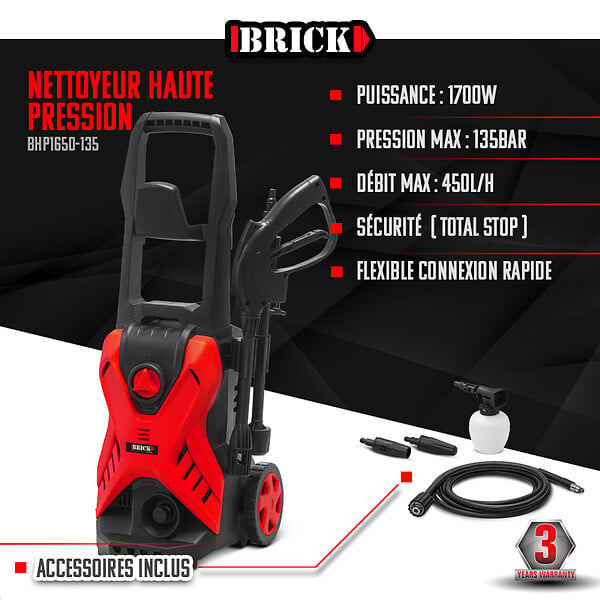 BRICK - Nettoyeur haute pression 1700W - 135 bars sur roues - Buse turbo et buse rotative - large