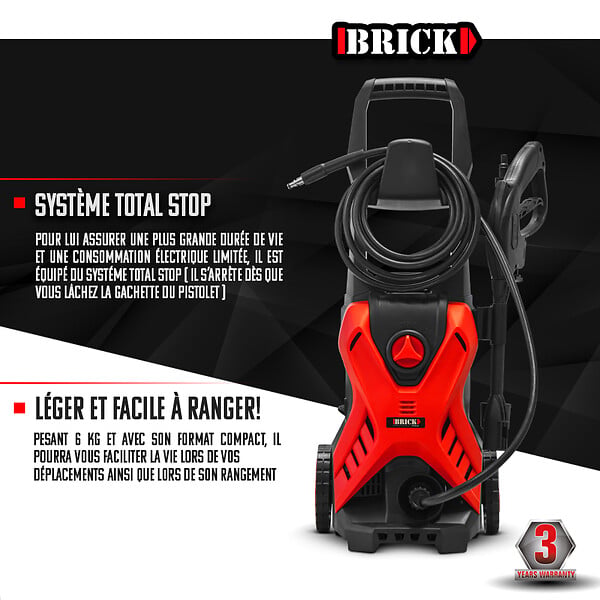 BRICK - Nettoyeur haute pression 1700W - 135 bars sur roues - Buse turbo et buse rotative - large