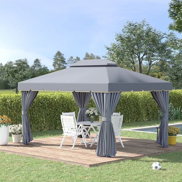 OUTSUNNY - Tonnelle barnum pavillon de jardin style colonial double toit toile moustiquaires et toiles amovibles 3,9L x 2,9l x 2,8H m gris - large