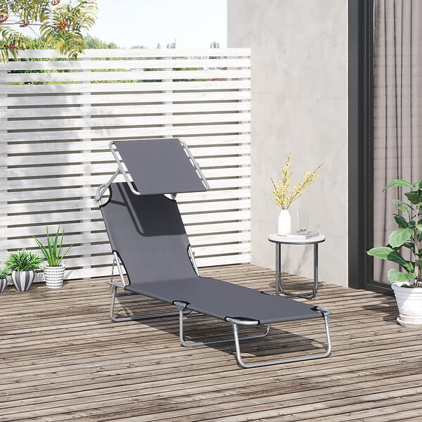 OUTSUNNY - Transat bain de soleil pliable grand confort dossier et pare-soleil réglable multi-positions gris - large
