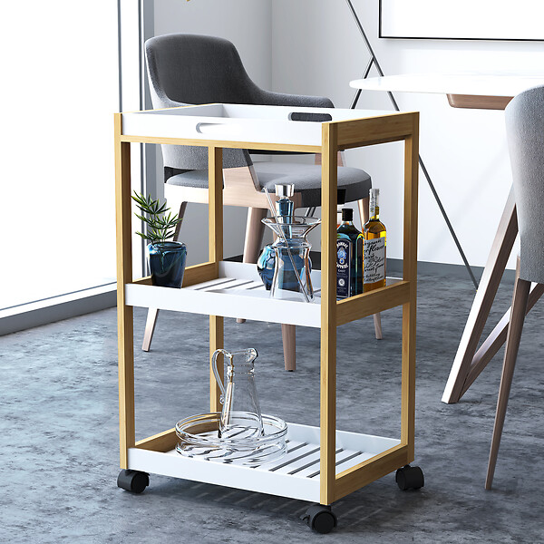 HOMCOM - Chariot de service desserte de cuisine à roulettes 2 étagères + plateau amovible bois de pin MDF blanc - large