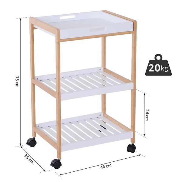 HOMCOM - Chariot de service desserte de cuisine à roulettes 2 étagères + plateau amovible bois de pin MDF blanc - large