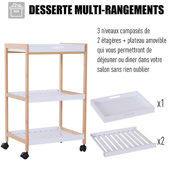 HOMCOM - Chariot de service desserte de cuisine à roulettes 2 étagères + plateau amovible bois de pin MDF blanc - large