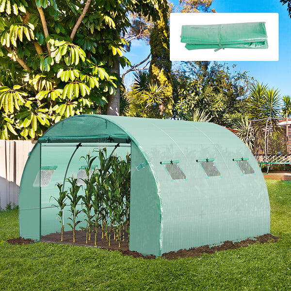 OUTSUNNY - Bâche de rechange serre tunnel 9 mÂ², bâche dim. 3L x 3l x 2H m PE anti-UV imperméable 6 fenêtres + porte enroulable zippée vert - large