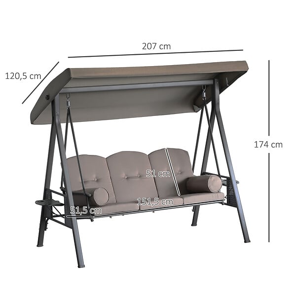 OUTSUNNY - Balancelle de jardin 3 places grand confort toit inclinaison réglable coussins plateaux rétractables polyester filé marron - large