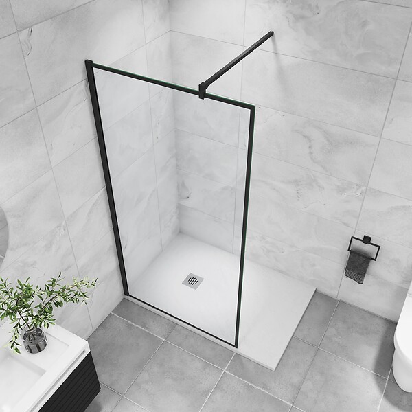 AICA SANITAIRE - AICA paroi de douche noire 100x200cm paroi de douche à l'italienne en 8mm verre anticalcaire avec barre de fixation noire 90cm en carré - large