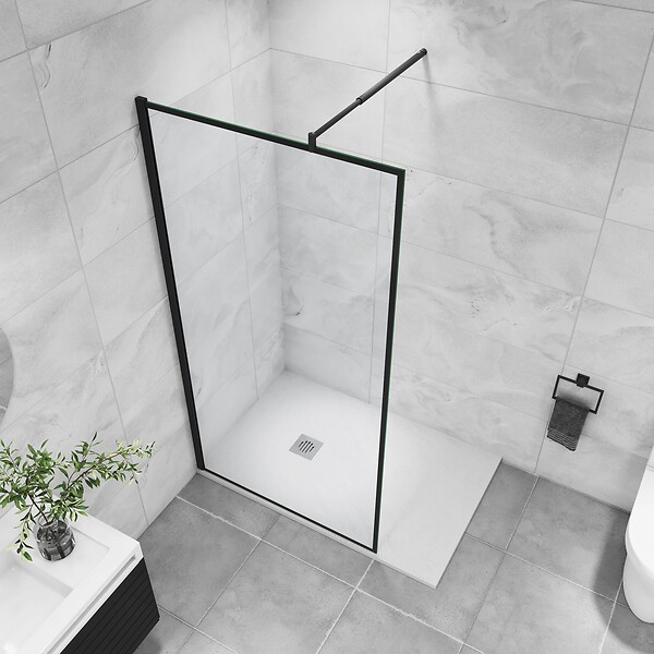AICA SANITAIRE - AICA paroi de douche noire 80x200cm paroi de douche à l'italienne en 8mm verre anticalcaire avec barre de fixation noire extensible en cylindrique - large