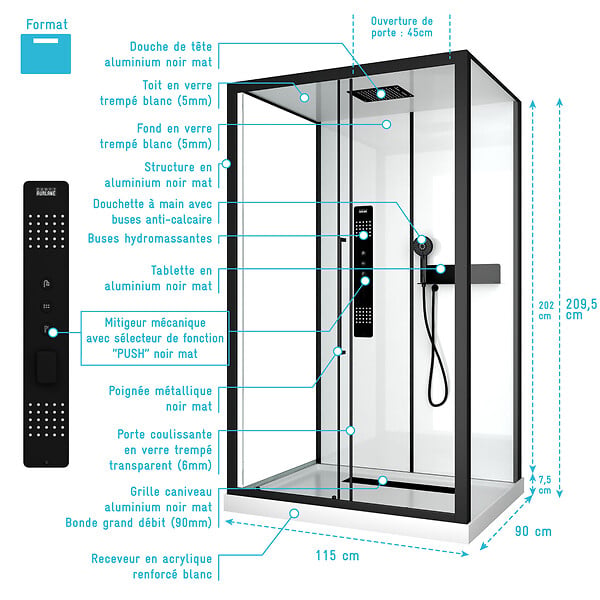 AURLANE - Cabine de douche 115x90x210 cm avec receveur + bonde 90mm + Grille linéaire - FACTORY 2 - large