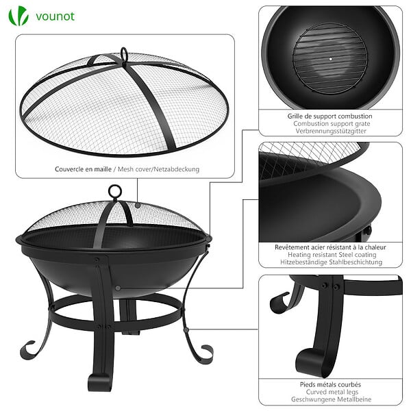 VOUNOT - Brasero exterieur avec couvercle en acier noir - large