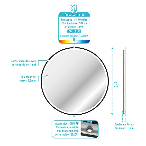 AURLANE - Miroir salle de bain ROND avec éclairage LED et contour noir - Diam 70cm - large