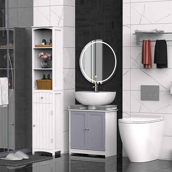 KLEANKIN - Meuble salle de bain - meuble sous-vasque - placard 2 portes avec étagère - dim. 60L x 30l x 60H cm - MDF gris blanc - large