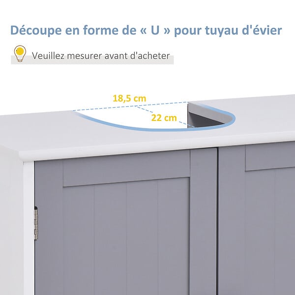 KLEANKIN - Meuble salle de bain - meuble sous-vasque - placard 2 portes avec étagère - dim. 60L x 30l x 60H cm - MDF gris blanc - large